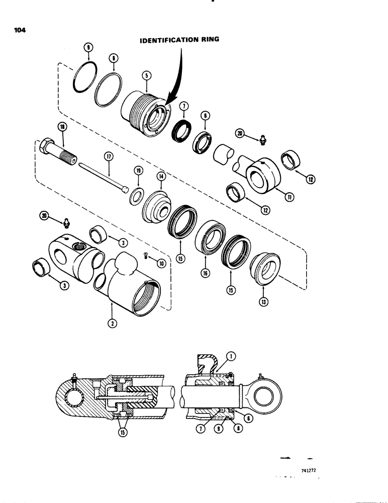 Схема запчастей Case 26C - (104) - G33209 BOOM CYLINDER, WITH TWO PIECE PISTON, GLAND HAS IDENTIFICATION RING 