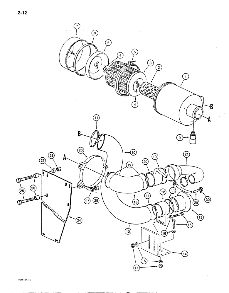 Схема запчастей Case 170B - (2-12) - STANDARD AIR CLEANER AND AIR INTAKE PARTS, P.I.N. 74364 THROUGH 74456 (02) - ENGINE