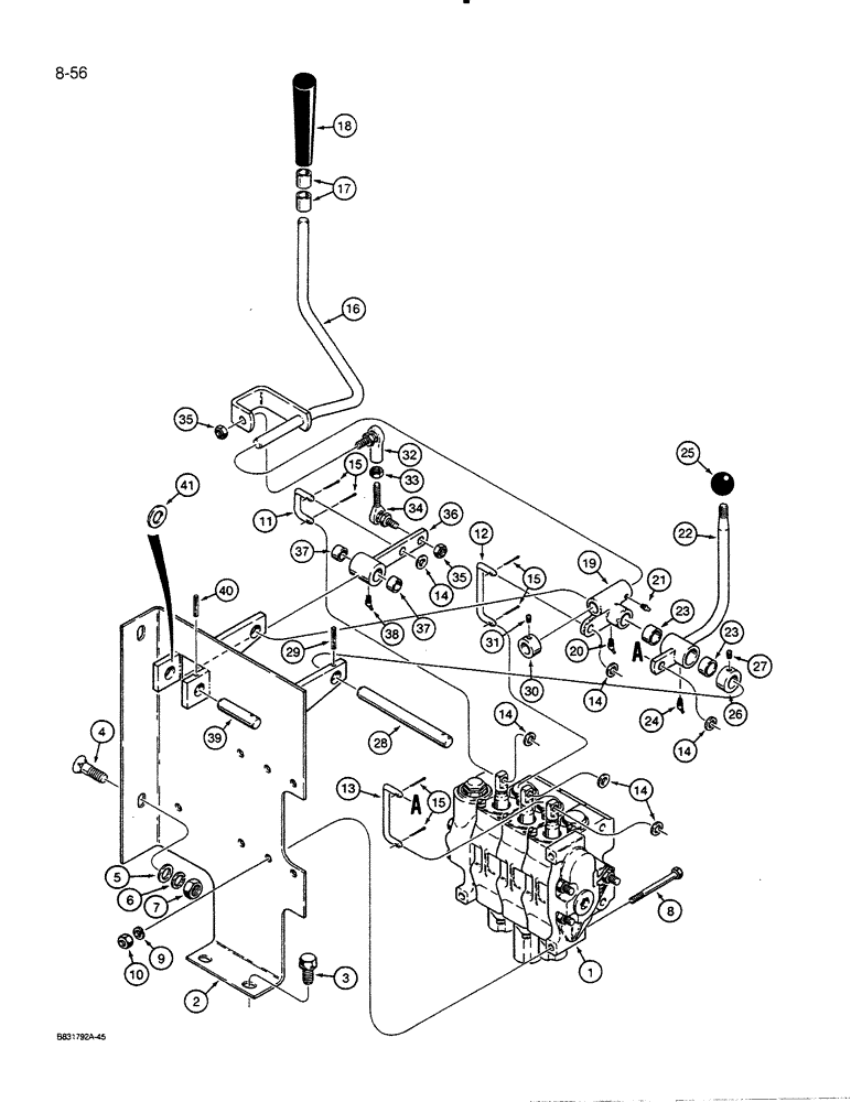 Схема запчастей Case 455C - (8-56) - EQUIPMENT CONTROL VALVE AND LEVERS, TWO CONTROL LEVERS, THREE SPOOL VALVE (08) - HYDRAULICS