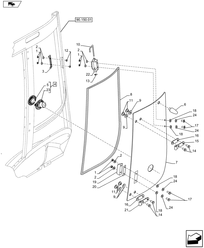 Схема запчастей Case 580SN - (90.156.05) - VAR - 747853, 747854, 747855 - CAB - LEFT WINDOW (90) - PLATFORM, CAB, BODYWORK AND DECALS