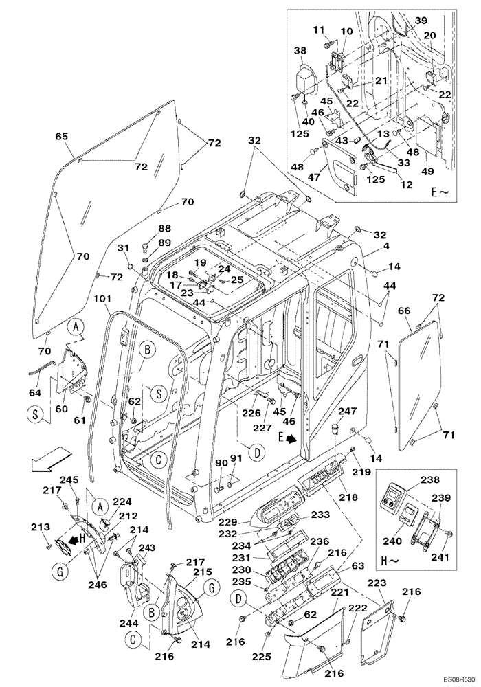 Схема запчастей Case CX800B - (09-66) - CAB - SIDE GLASS AND ELECTRONIC CONTROL UNIT (09) - CHASSIS