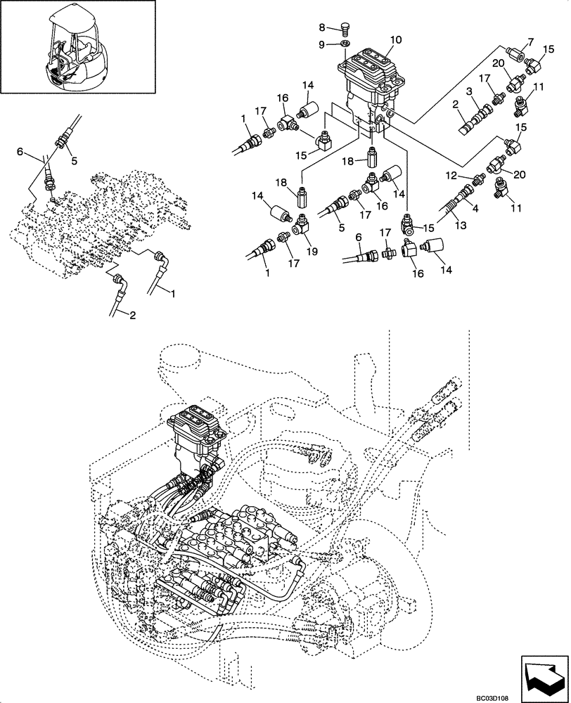 Схема запчастей Case CX25 - (08-12[00]) - HYDRAULICS - PILOT CONTROL LINES, TRAVEL ALARM (08) - HYDRAULICS