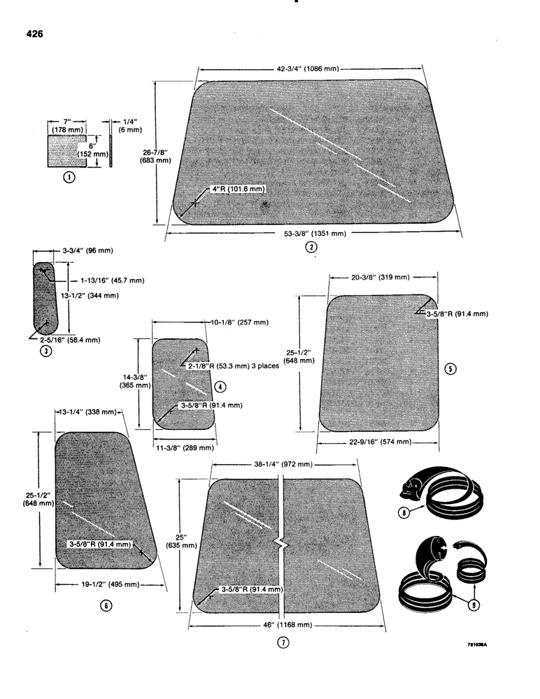 Схема запчастей Case 1150C - (426) - NON-PRESSURIZED CAB, GLASS, USED BEFORE TRACTOR SN 7307881 (09) - CHASSIS/ATTACHMENTS