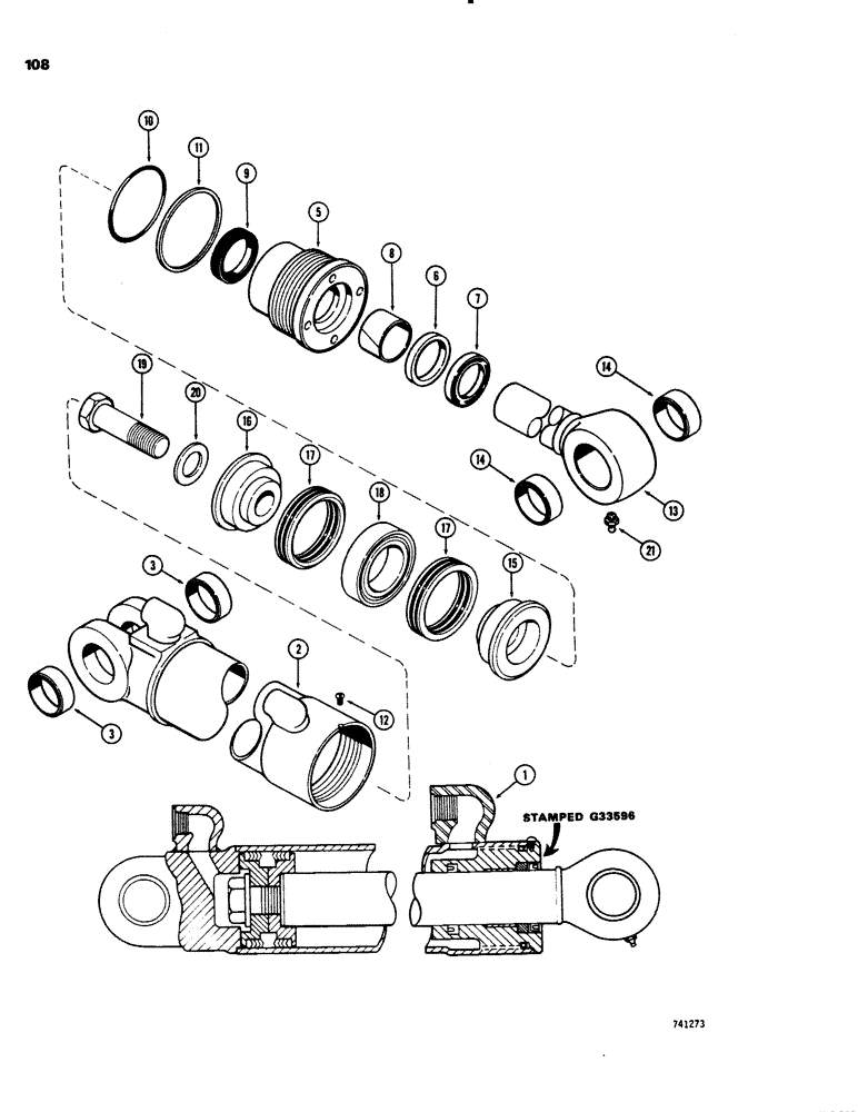 Схема запчастей Case 26C - (108) - G33596 DIPPER CYLINDER, WITH TWO PIECE PISTON, GLAND IS STAMPED WITH CYLINDER PART NUMBER 