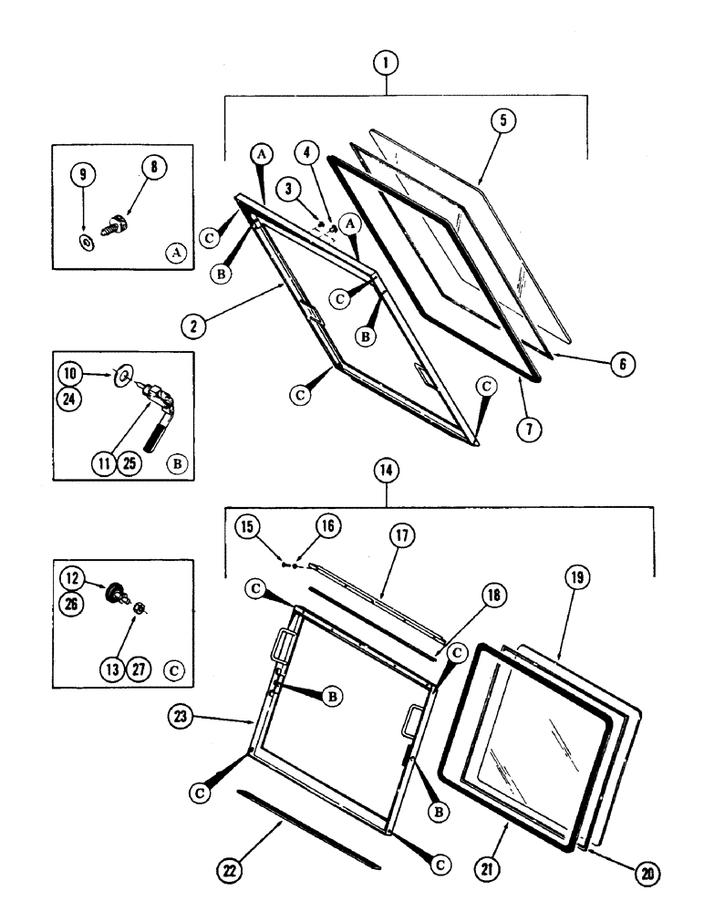 Схема запчастей Case 880B - (092) - CAB AND ATTACHING PARTS, (UPPER AND LOWER FRONT WINDOWS AND ATTACHING PARTS) (05) - UPPERSTRUCTURE CHASSIS