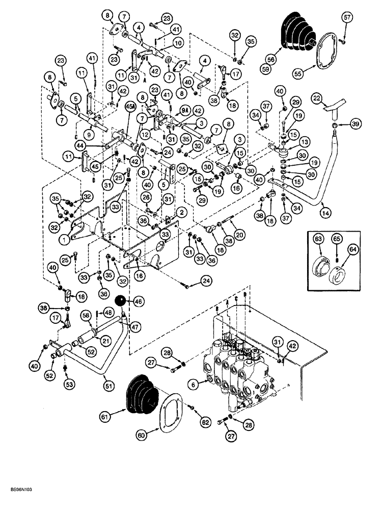 Схема запчастей Case 1150G - (8-043A) - EQUIPMENT CONTROL VALVE & LEVERS, TWO LEVERS, FOUR-SPOOL VALVE, JJG0218023 AND JJG0218479 AND AFTER (07) - HYDRAULIC SYSTEM