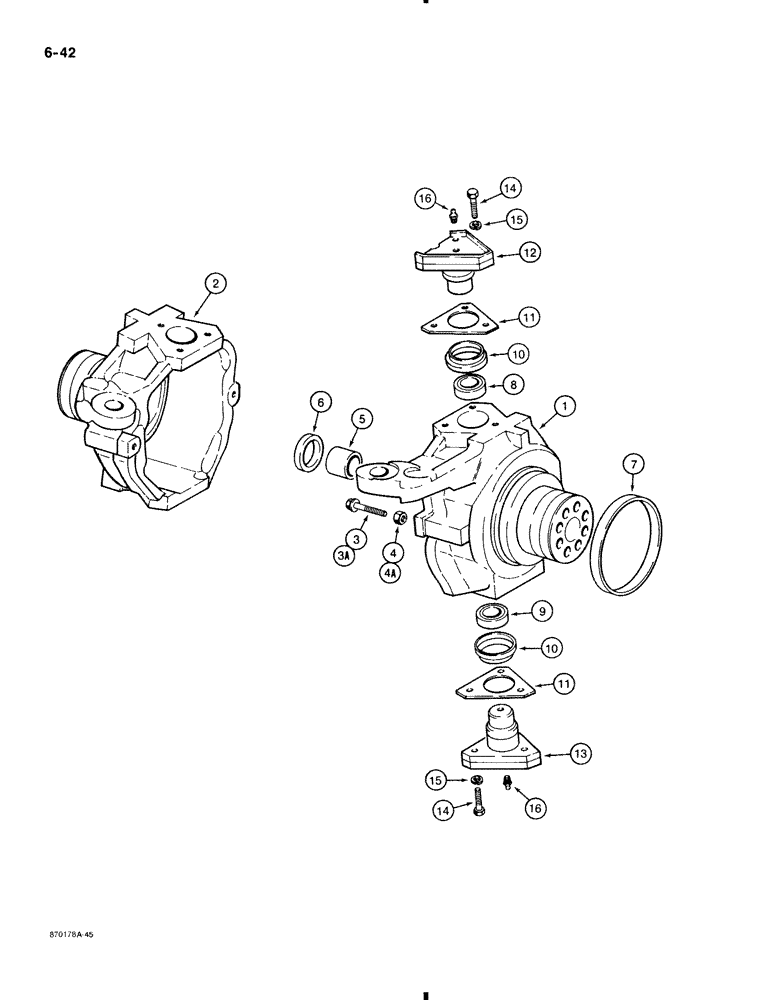 Схема запчастей Case 580K - (6-042) - FRONT DRIVE AXLE, SWIVEL HOUSING (06) - POWER TRAIN