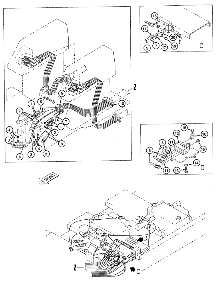 Схема запчастей Case 9040 - (8-32) - PILOT CONTROL LINE HYDRAULIC CIRCUIT, L.H. & R.H. TRACK DRIVE FOOT CONTROLS TO, TRAVEL SHUTTLE VALVE (08) - HYDRAULICS