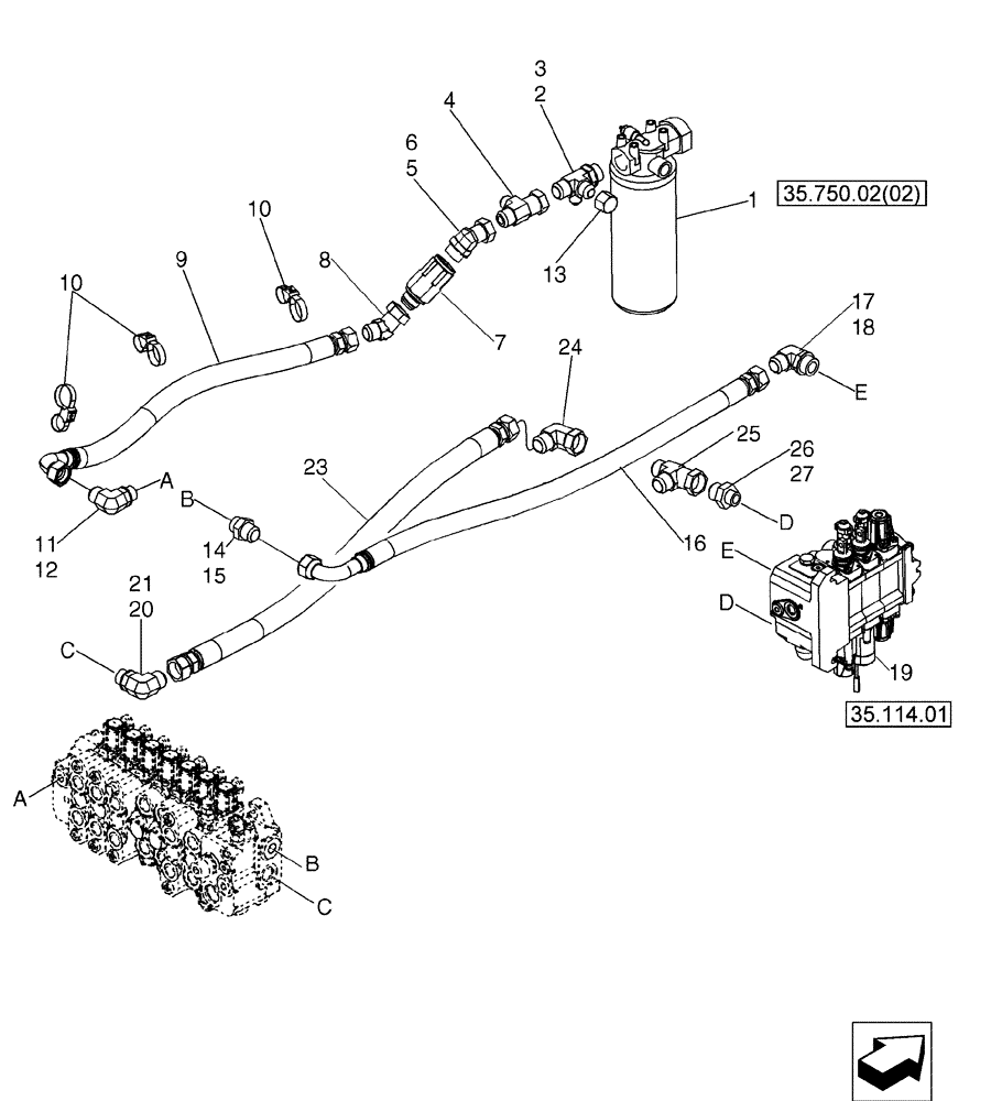 Схема запчастей Case 580SM - (35.700.03) - HYDRAULICS - LOADER VALVE AND FILTER TO BACKHOE VALVE (VARIABLE VOLUME PUMP MODELS) (580SM+) (35) - HYDRAULIC SYSTEMS