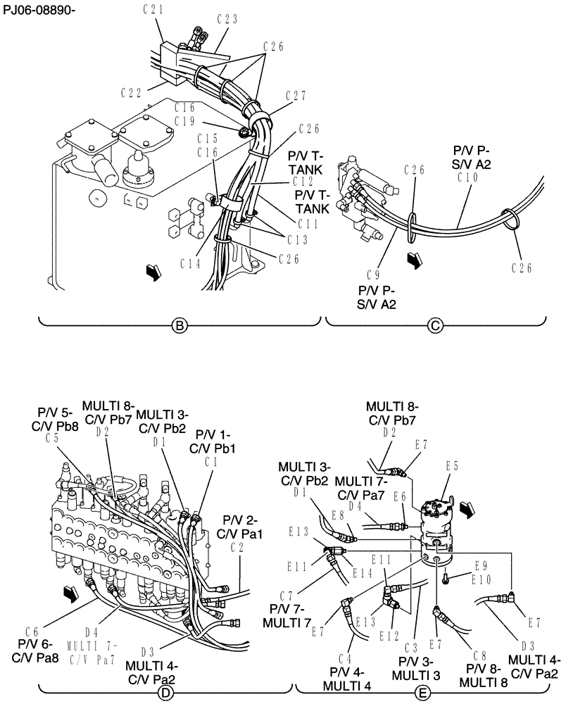 Схема запчастей Case CX50B - (141-17[2]) - CONTROL LINES, REMOTE MULTI (35) - HYDRAULIC SYSTEMS