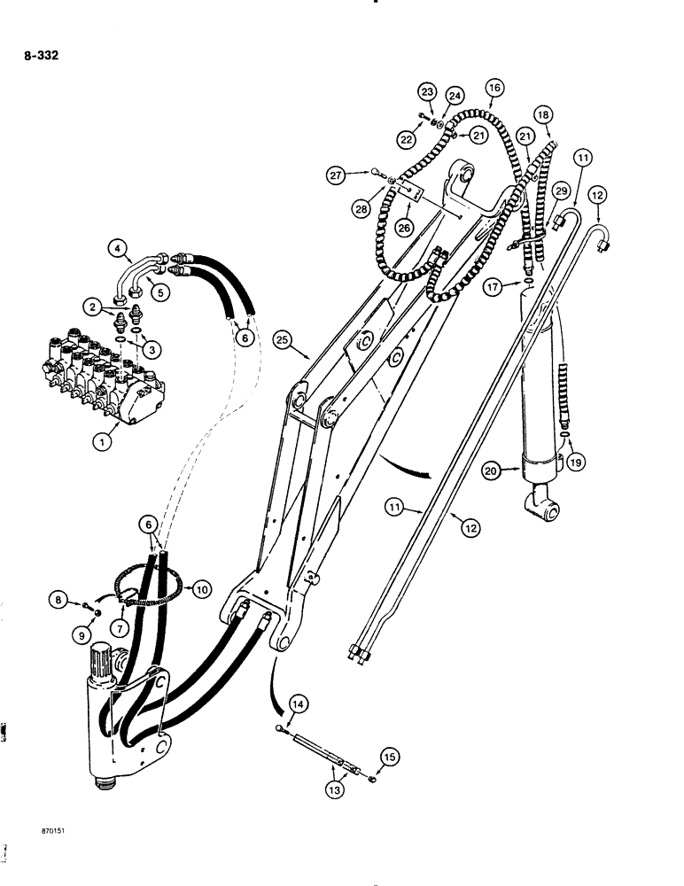 Схема запчастей Case DH4B - (8-332) - BUCKET CYLINDER HYDRAULIC CIRCUIT, REAR MOUNTED D100XR BACKHOE - HORIZONTAL CONTROL VALVE (08) - HYDRAULICS