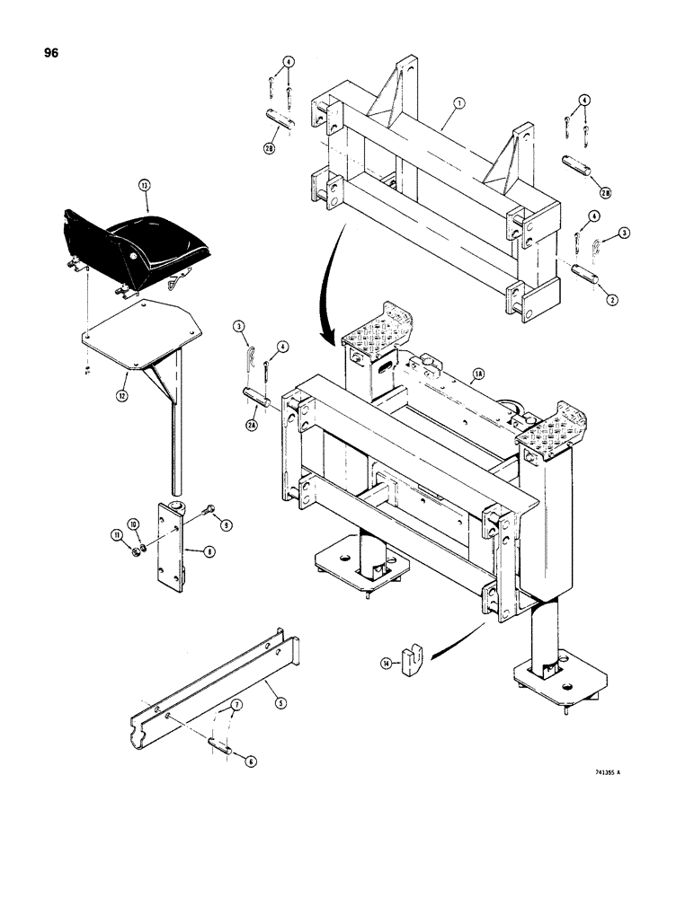 Схема запчастей Case D100 - (7-096) - MOUNTING FRAME AND SEAT, FOR 1500 & 1700 SERIES UNI-LOADERS, ALSO FOR 150M, 170, 180 &190 UNI-LOADER 