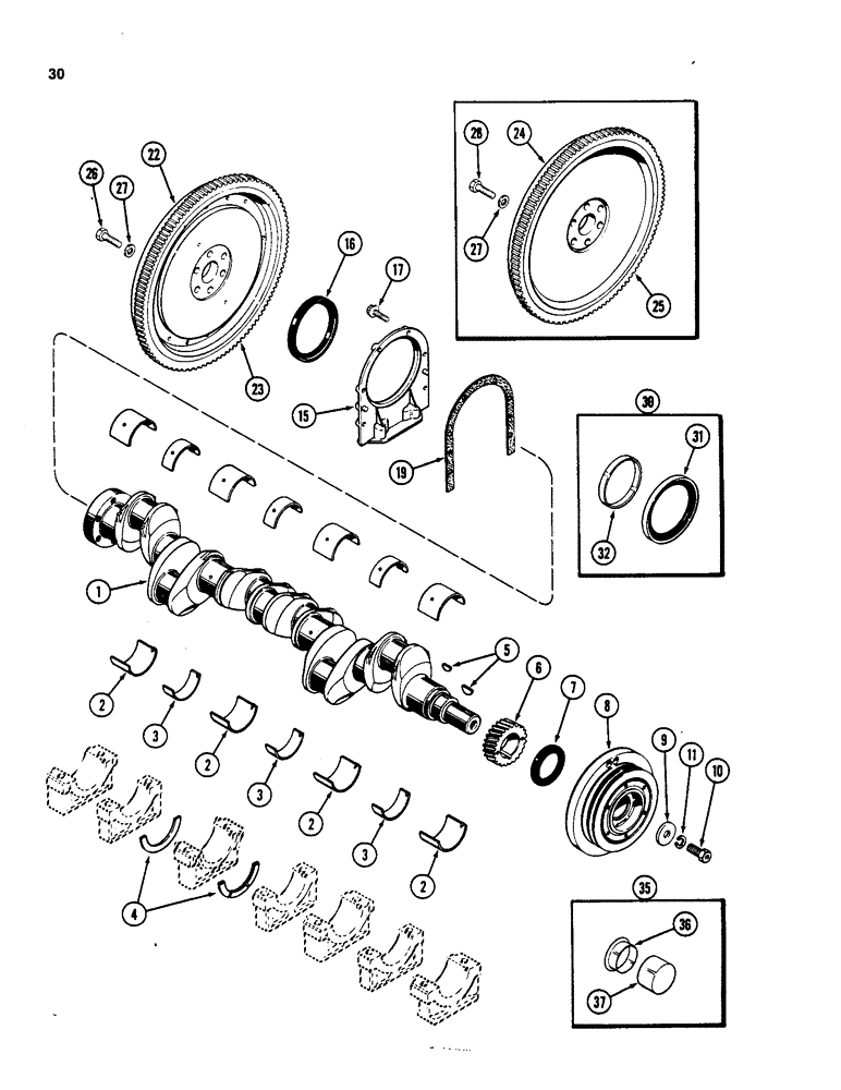 Схема запчастей Case W20 - (030) - CRANKSHAFT AND FLYWHEEL, 401BD AND 401BDT DIESEL ENGINE (02) - ENGINE