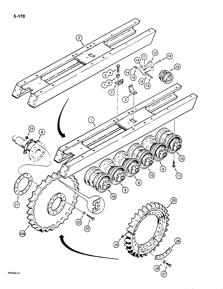 Схема запчастей Case 1450B - (5-170) - TRACK FRAME, SPROCKET, AND ROLLERS, LOADER MODELS (11) - TRACKS/STEERING