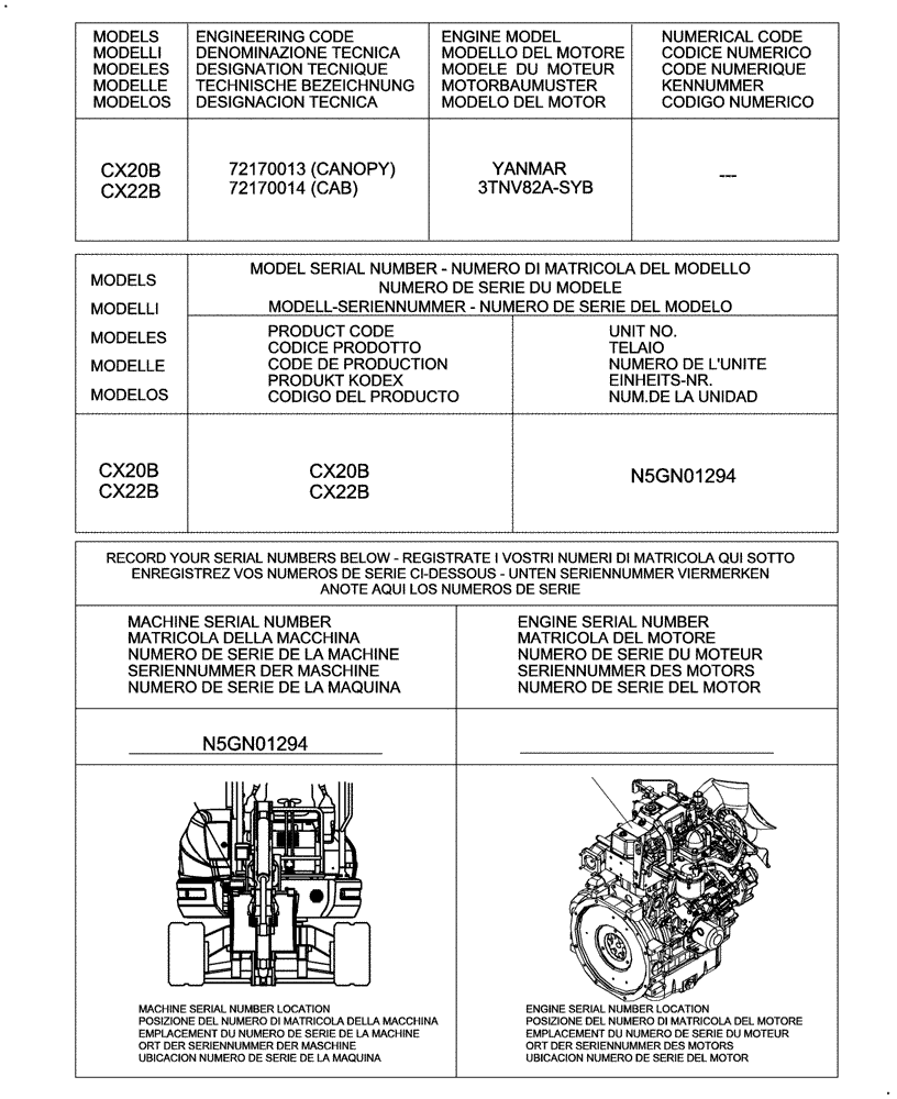 Схема запчастей Case CX22B - (0 - VERSION[00]) - IDENTIFICATION AND VERSION LIST (05) - SERVICE & MAINTENANCE