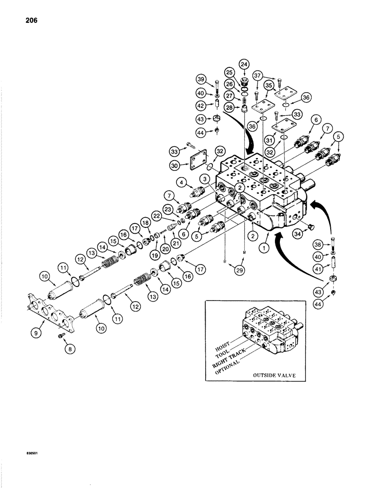 Схема запчастей Case 1280B - (206) - FOUR SPOOL CONTROL VALVE - OUTSIDE (08) - HYDRAULICS