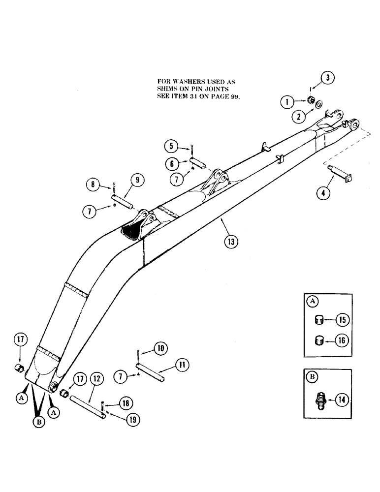 Схема запчастей Case 35 - (096) - MAIN "E" BOOM AND PINS (84) - BOOMS, DIPPERS & BUCKETS