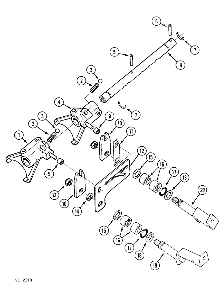 Схема запчастей Case 380B - (6-172) - GEAR SHIFT MECHANISM, RANGE TRANSMISSION, WITHOUT FORWARD AND REVERSE (06) - POWER TRAIN