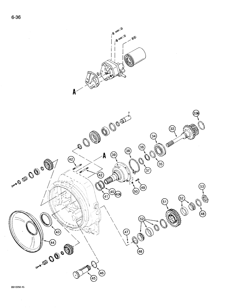 Схема запчастей Case 780D - (6-36) - CHARGING PUMP AND REVERSE IDLER, TWO WHEEL AND FOUR WHEEL DRIVE MODELS (CONT) (06) - POWER TRAIN