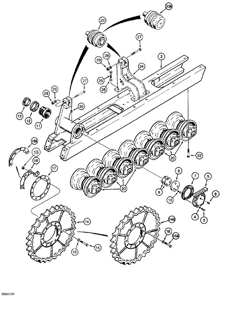 Схема запчастей Case 1150G - (5-002) - TRACK FRAME, SPROCKET AND ROLLERS (04) - UNDERCARRIAGE