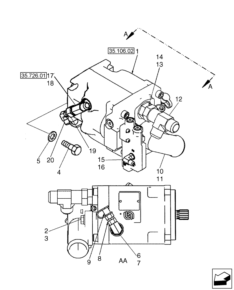 Схема запчастей Case 580SM - (35.106.01) - VARIABLE VOLUME PUMP - MOUNTING (580SM+) (35) - HYDRAULIC SYSTEMS