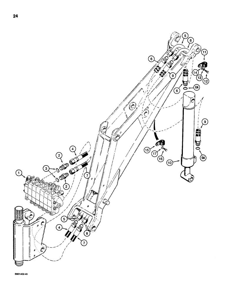 Схема запчастей Case D130 - (7-024) - BACKHOE BUCKET CYLINDER HYDRAULIC CIRCUIT, USED ON 1835C, 1840 & 1845C UNI-LOADERS W/ KONTAK VALVE 