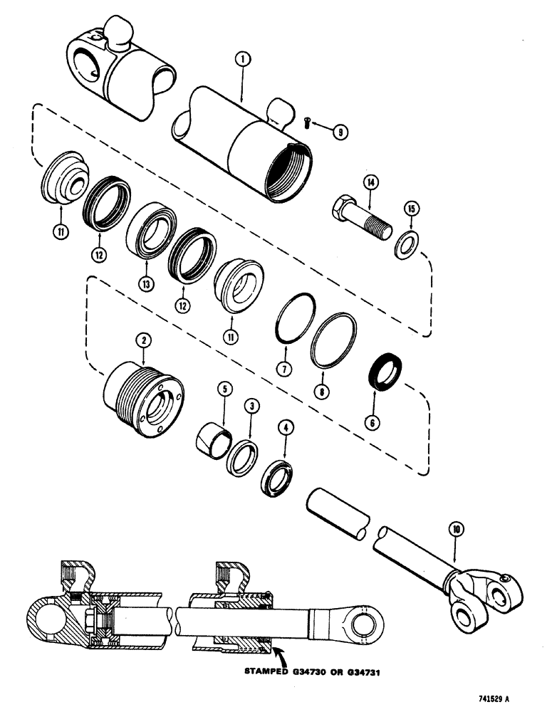 Схема запчастей Case W20 - (296) - G34730 AND G34731 LIFT CYLINDERS GLAND WITH CENTER BEARING USED ON TRACTOR S.N. 9115603 AND AFTER (08) - HYDRAULICS