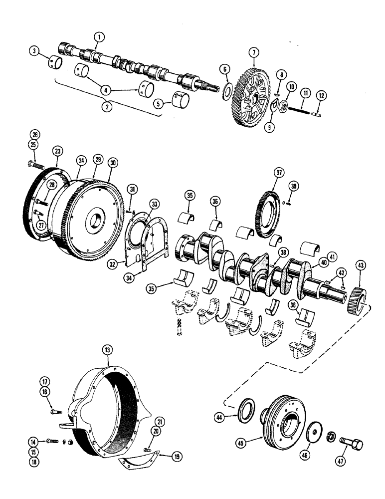 Схема запчастей Case W9A - (030) - CAMSHAFT, GASOLINE, FLYWHEEL AND HOUSING, CRANKSHAFT AND (02) - ENGINE