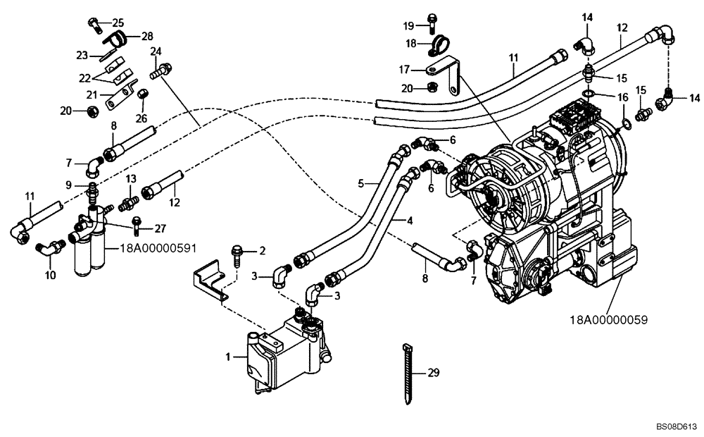 Схема запчастей Case 340B - (05A00010569[001]) - LINES, GEARBOX COOLER / OIL FILTER CIRCUIT (87363322 REV B) (01) - ENGINE