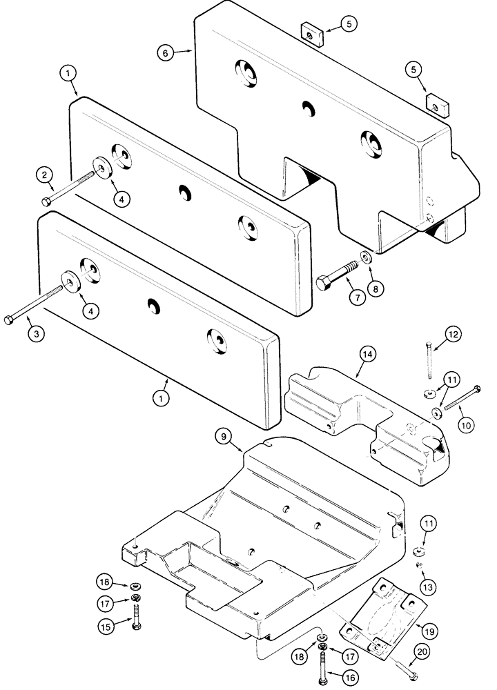 Схема запчастей Case 850E - (9-020) - COUNTERWEIGHTS, REAR COUNTERWEIGHTS, MUST BE USED ON LOADER MODELS WITH NO REAR MOUNTED EQUIPMENT (09) - CHASSIS/ATTACHMENTS