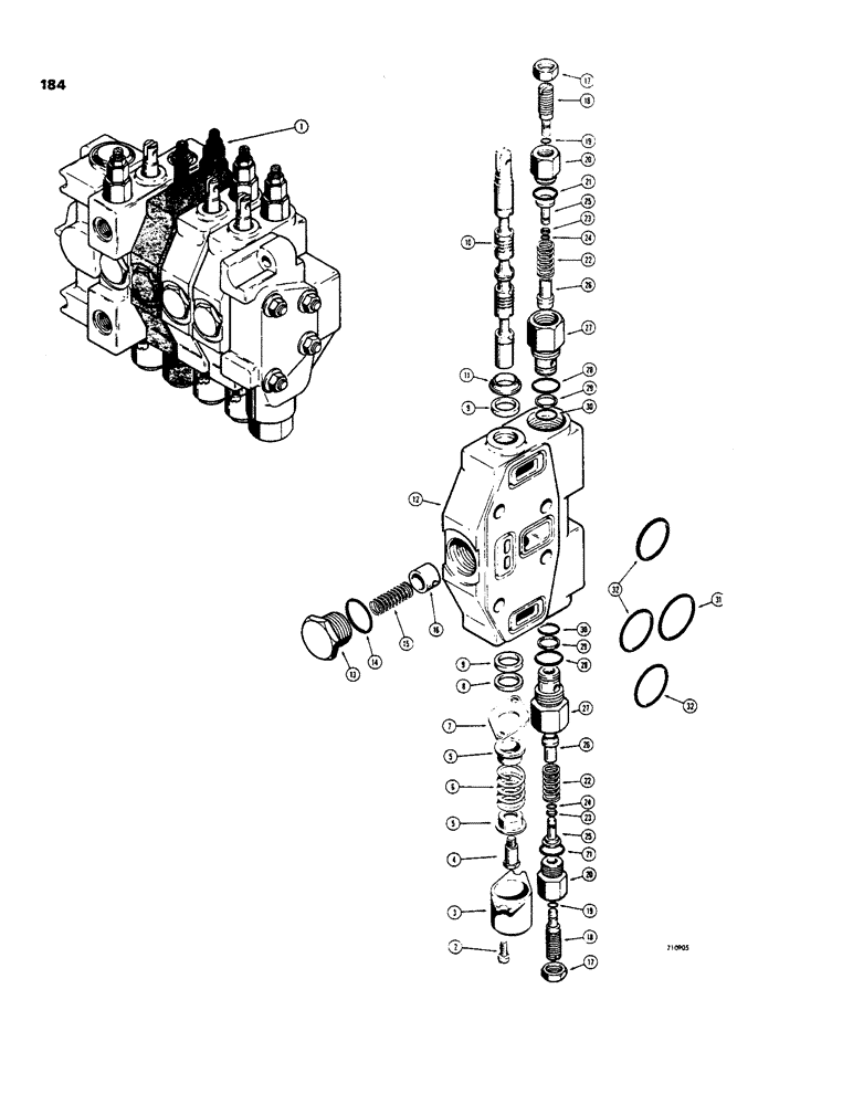 Схема запчастей Case 35 - (184) - COMMERCIAL BACKHOE CONTROL VALVE, D54599 BACKHOE BUCKET SECTION 