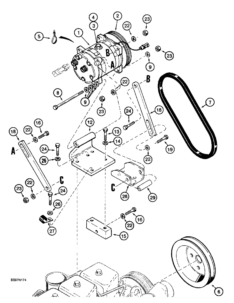 Схема запчастей Case 590SL - (9-90) - AIR CONDITIONING, COMPRESSOR MOUNTING AND DRIVE (09) - CHASSIS/ATTACHMENTS