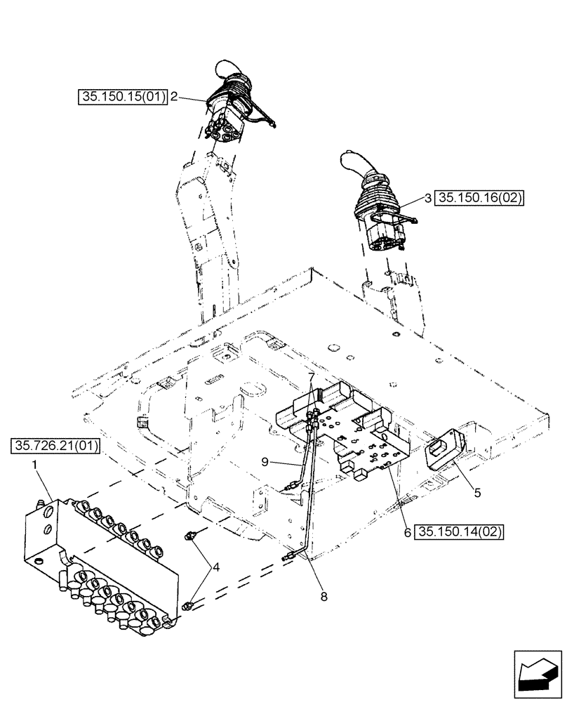 Схема запчастей Case 580SM - (35.726.05[01]) - HYDRAULICS - VALVE, PILOT CONTROL AND JOYSTICKS (7 SPOOL, W/ EXT DIPPER, W/ AUX HYDS) (580SM) (35) - HYDRAULIC SYSTEMS