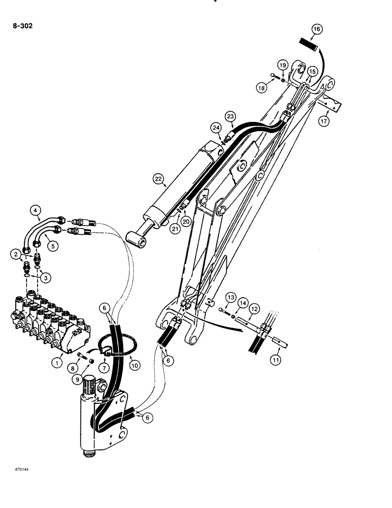 Схема запчастей Case DH4B - (8-302) - BOOM CYLINDER HYDRAULIC CIRCUIT, REAR MOUNTED D100 BACKHOE - HORIZONTAL CONTROL VALVE (08) - HYDRAULICS