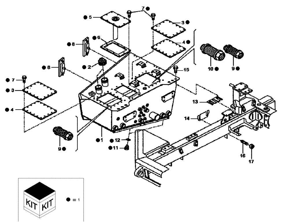 Схема запчастей Case 340B - (72A00050741[001]) - TANK, HYDRAULIC OIL (P.I.N. HHD0340BN7PG58147 AND AFTER) (84251890) (09) - Implement / Hydraulics / Frame / Brakes