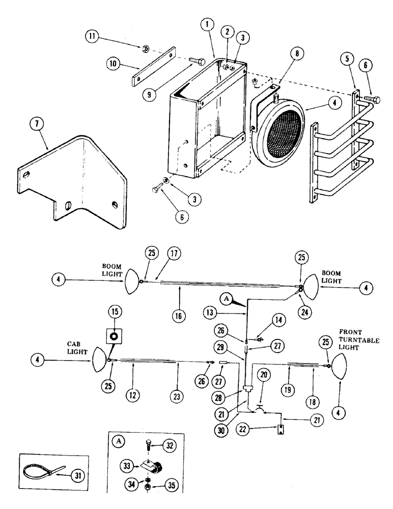 Схема запчастей Case 35 - (222) - OPTIONAL WORK LIGHTS AND ATTACHING PARTS, (USED ON UNITS WITH PIN 6266131 THRU 6266300) (55) - ELECTRICAL SYSTEMS