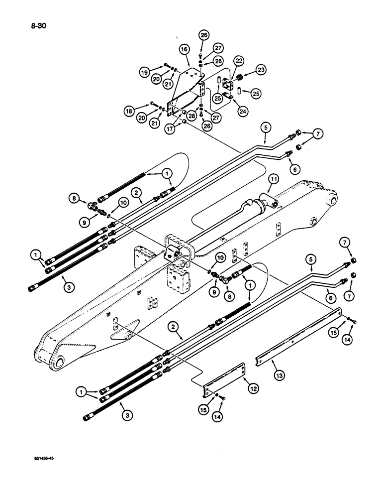 Схема запчастей Case 1187C - (8-30) - ALLIED SAW HYDRAULIC CIRCUITS, TUBES AT ARM (08) - HYDRAULICS