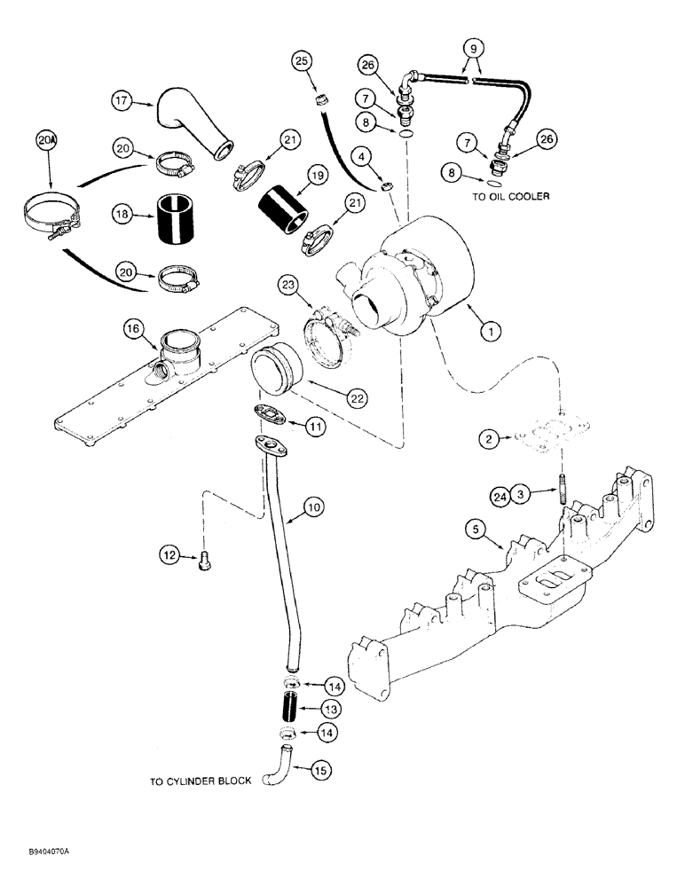 Схема запчастей Case 9030 - (2-18) - TURBOCHARGER SYSTEM, 6T-590 ENGINE (02) - ENGINE