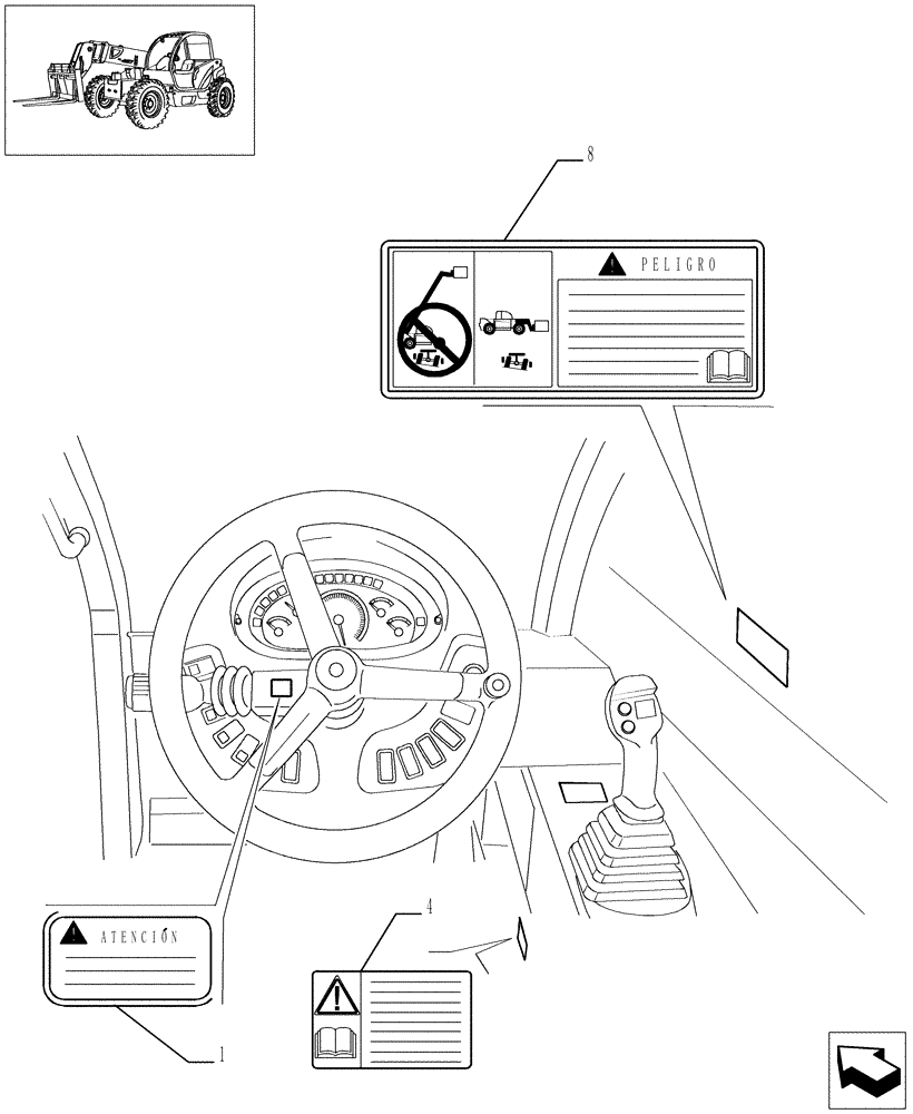 Схема запчастей Case TX742 - (9.00987[02]) - SAFETY PLATES (SPANISH) - OPTIONAL CONE 749098001 (90) - PLATFORM, CAB, BODYWORK AND DECALS