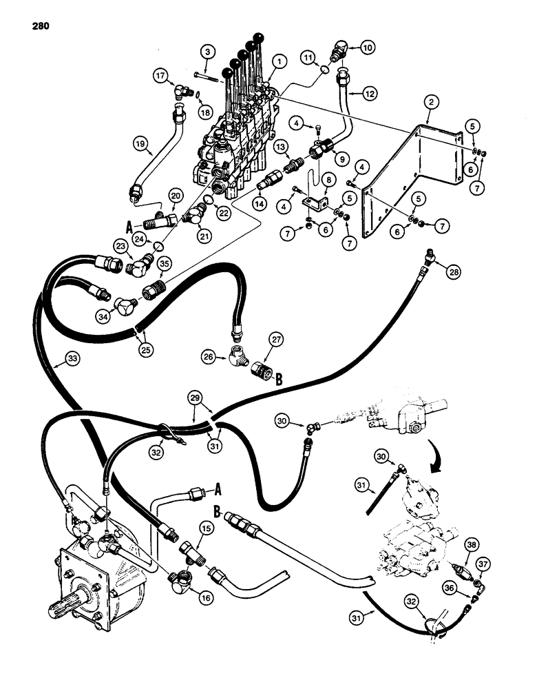 Схема запчастей Case 480D - (280) - PTO HYDRAULIC CIRCUIT AND CONTROL (35) - HYDRAULIC SYSTEMS