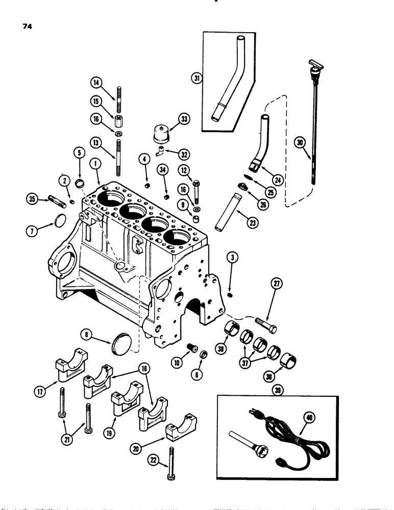 Схема запчастей Case 1845 - (074) - CYLINDER BLOCK, (188) DIESEL ENGINE, PRIOR TO ENGINE SERIAL NO. 2836084, BLOCK HEATER (10) - ENGINE