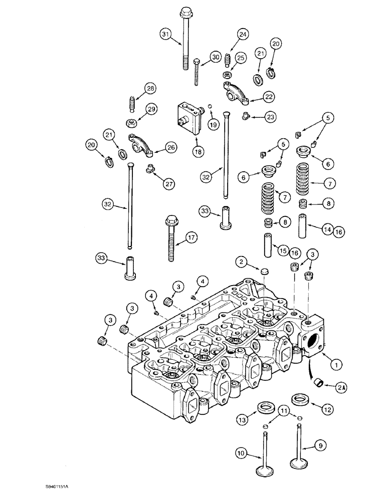 Схема запчастей Case 480F - (2-28) - CYLINDER HEAD AND VALVE MECHANISM, 4-390 ENGINE, FOR FUEL INJECTION NOZZLES WITH 9 MM DIAMETER TIP (02) - ENGINE