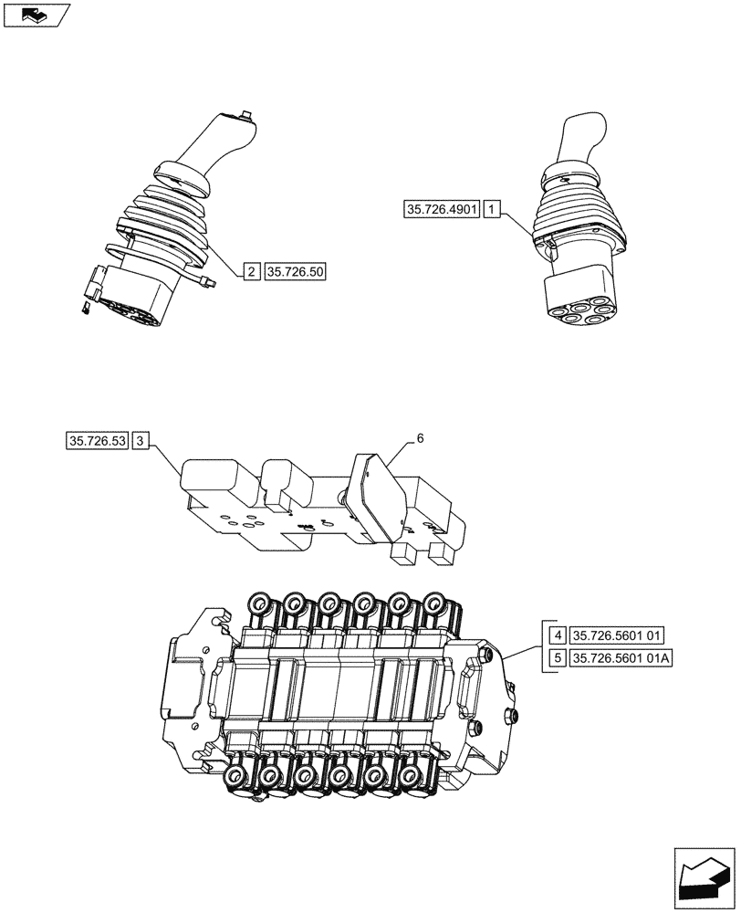 Схема запчастей Case 590SN - (35.726.4501) - VALVE - PILOT CONTROL AND JOYSTICKS (6 SPOOL, W/O EXT DIPPER, W/O AUX HYDS) - D9006 (35) - HYDRAULIC SYSTEMS