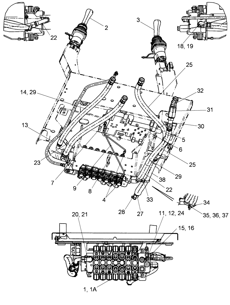 Схема запчастей Case 590SM - (08-16) - HYDRAULICS - VALVE, PILOT CONTROL AND JOYSTICKS (7 SPOOL, W/ EXT DIPPER, W/O AUX HYDS) (590SM+) (08) - HYDRAULICS