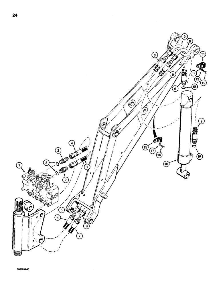 Схема запчастей Case D100XR - (8-024) - BACKHOE BUCKET CYLINDER HYDRAULIC CIRCUIT, USED ON 1835C, 1840 & 1845C UNI-LOADERS W/ DUKE VALVE 