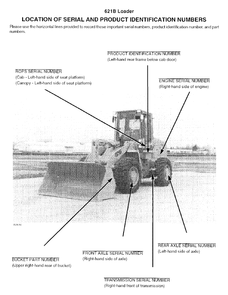 Схема запчастей Case 621B - (1-02) - LOCATION OF SERIAL AND PRODUCT INDENTIFICATION NUMBERS (00) - PICTORIAL INDEX