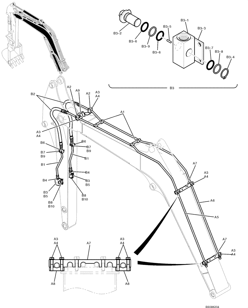 Схема запчастей Case CX50B - (03-003) - HYDRAULIC LINES, BOOM 2.79M (9FT 2IN) (NIBBLER & BREAKER) (PY42H00058F1, PY43H00019F1) Attachments