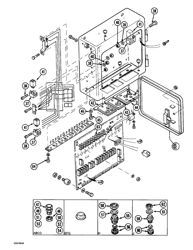 Схема запчастей Case 220B - (4-62) - ELECTRICAL BOX, WITH SIDE HINGED ACCESS DOOR, P.I.N. 74570 THROUGH 74594 (04) - ELECTRICAL SYSTEMS