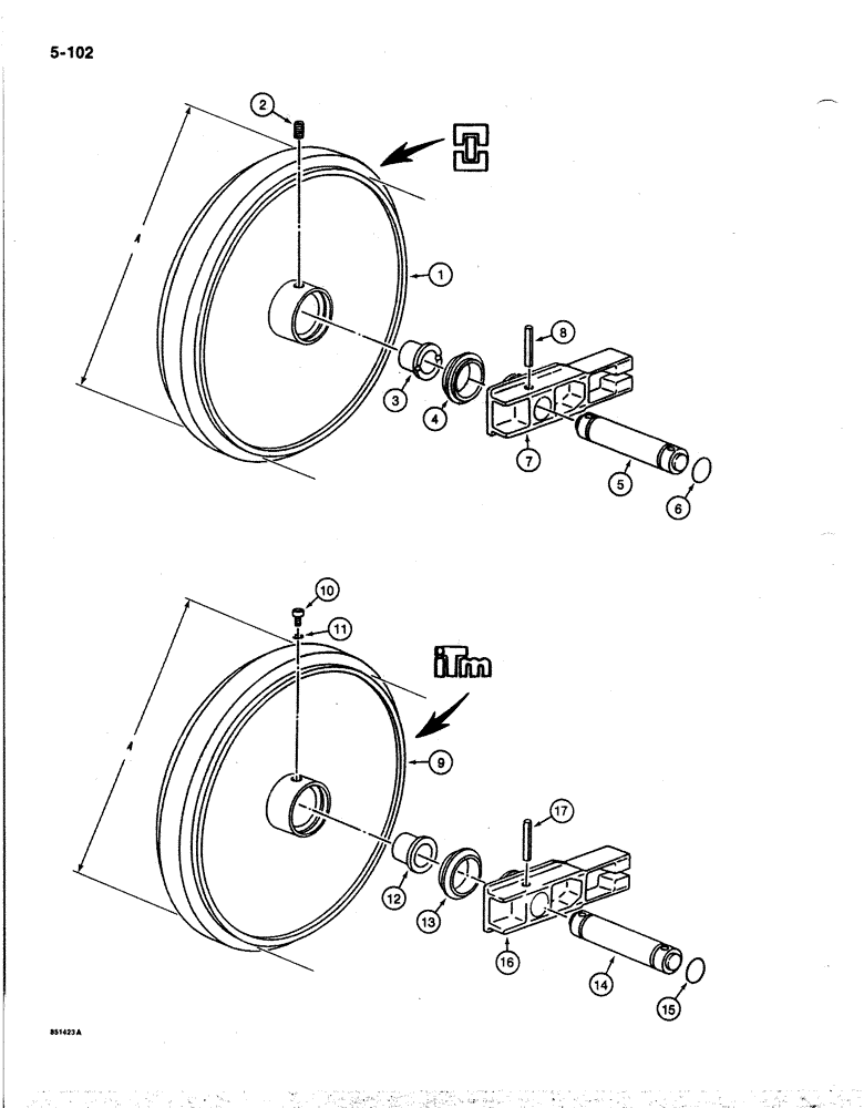 Схема запчастей Case 170B - (5-102) - TRACK IDLER, P.I.N. 74341 THROUGH 74456 (11) - TRACKS/STEERING