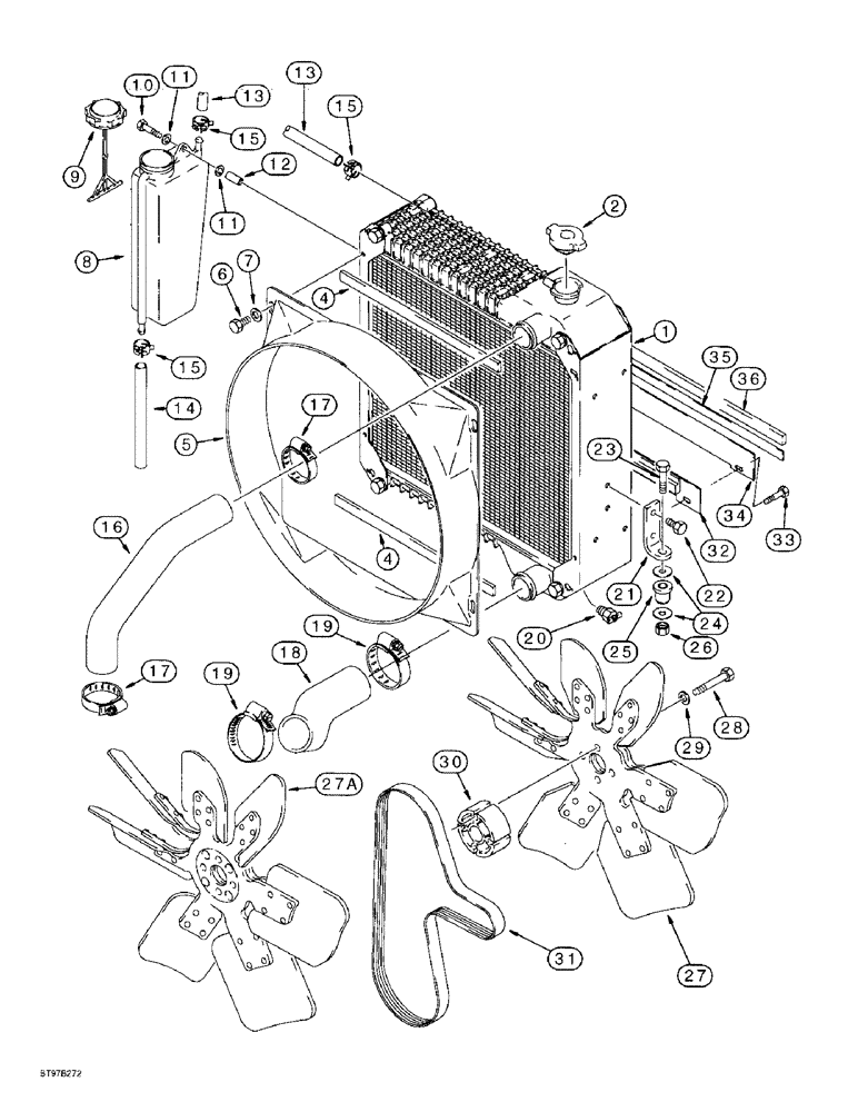 Схема запчастей Case 590L - (2-02) - RADIATOR, FAN AND MOUNTING PARTS, USED W/139783A1 OR 231280A1 OIL COOLER (SEE FIG 6-20 FOR COOLER) (02) - ENGINE